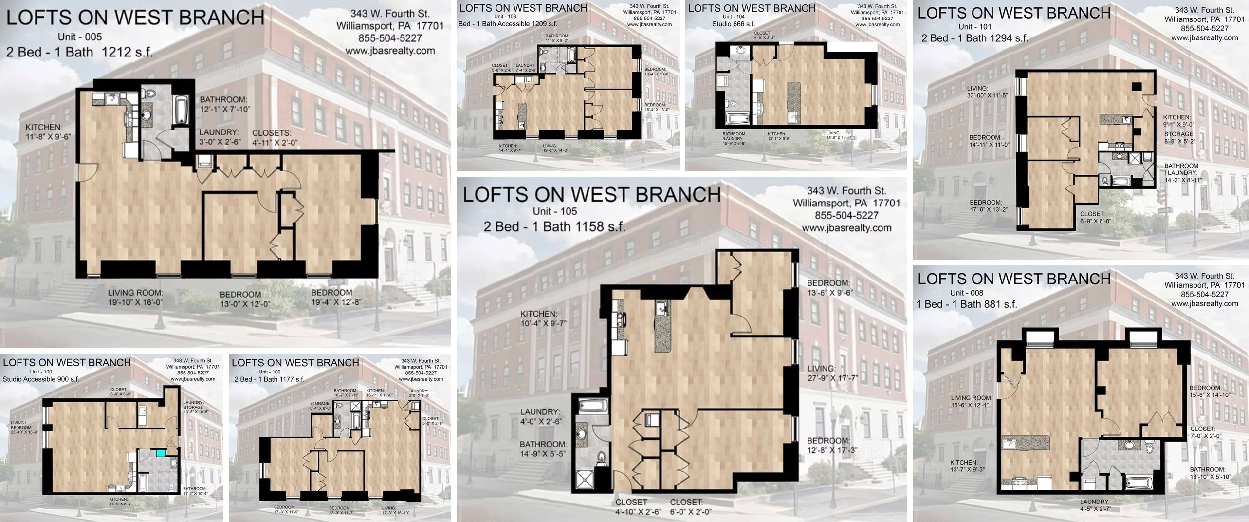Floor plan layouts for 343 West Branch Lofts showing various unit configurations